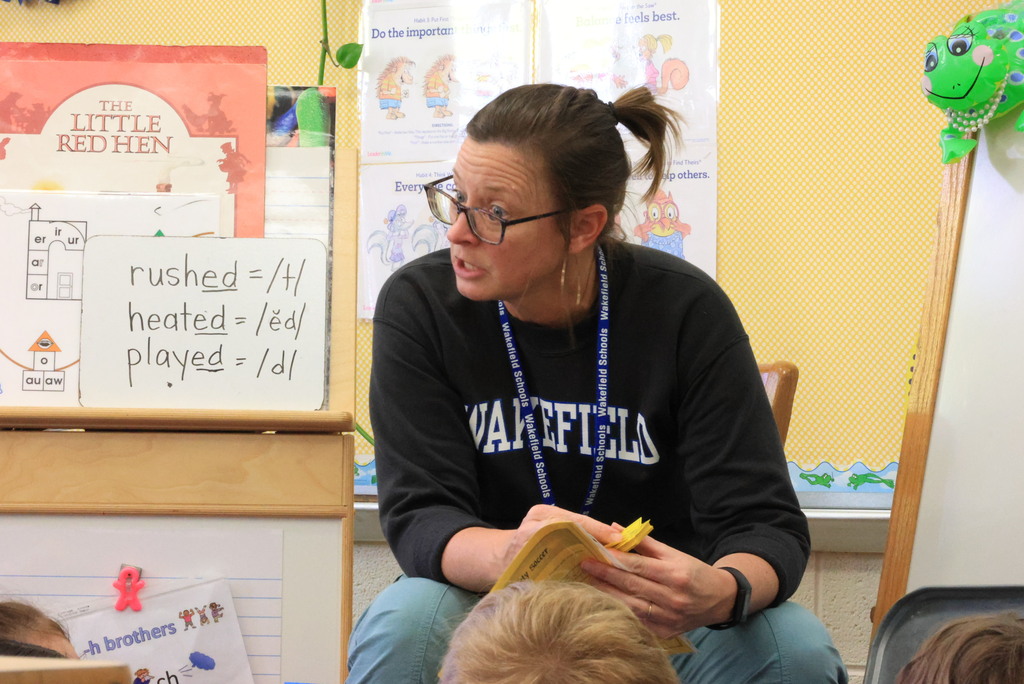 K-12 counselor Janelle Rieger works with the K-1 students on the importance of safety during her regular counseling lesson.