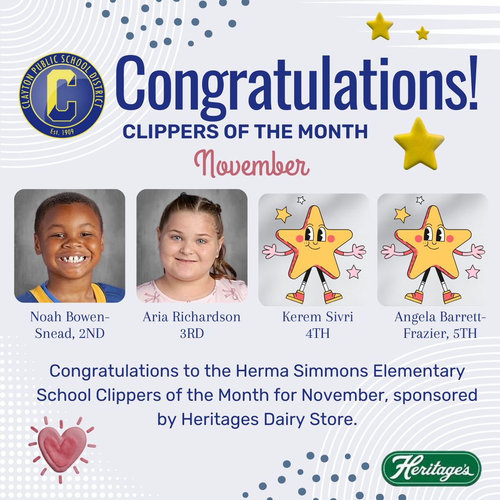 Herma Simmons Elementary School Clippers of the Month for November students in grades 2-5.