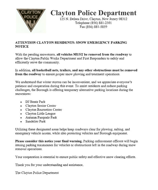 Message from Clayton Police Department re: Parking