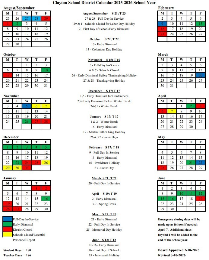 Revised Calendar for 25-26 School Year