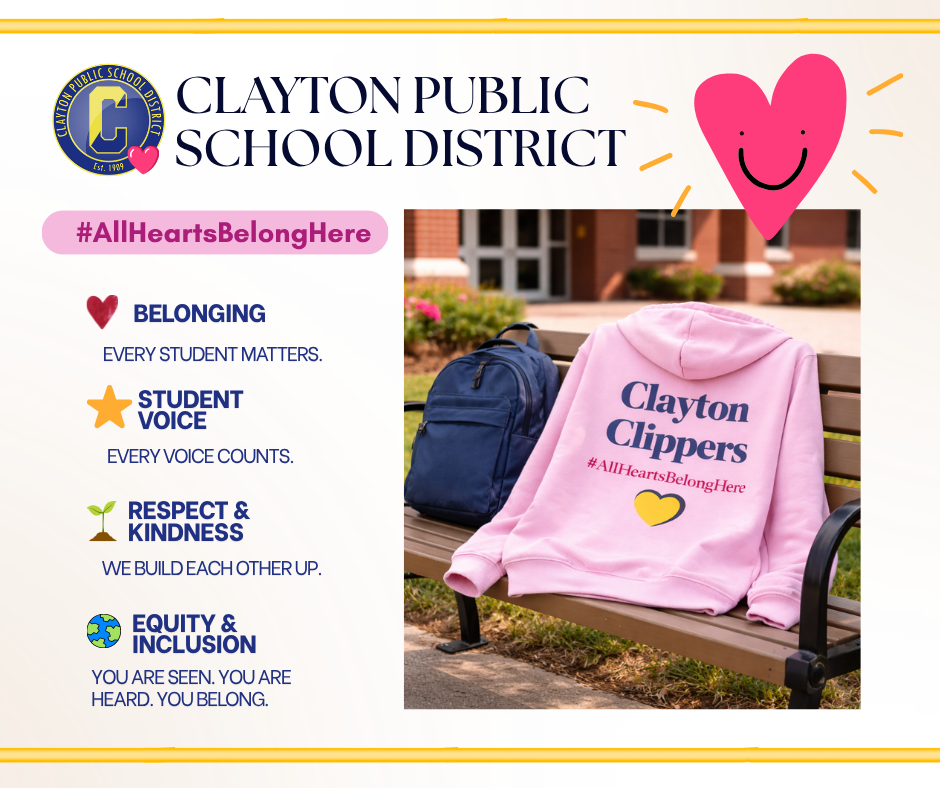image of sweatshirt depicting #allheartsbelonghere initiative at Clayton Public Schools