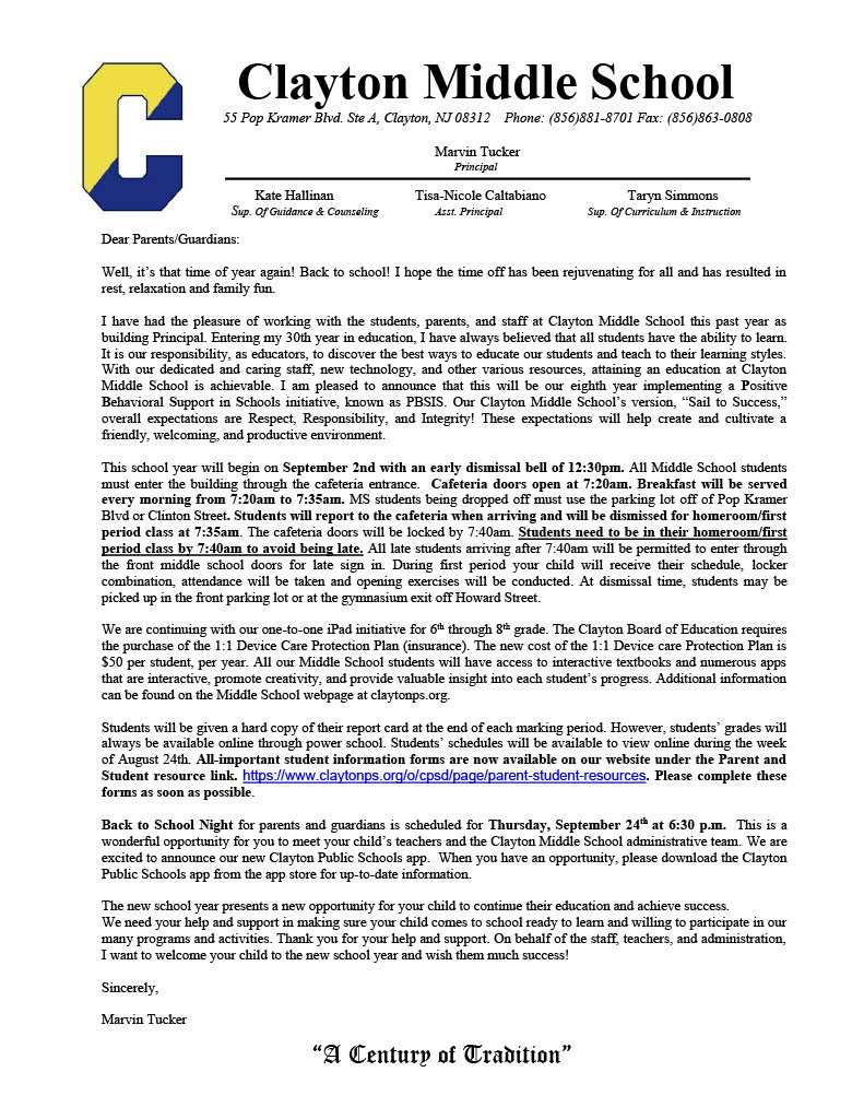 Welcome Back Letter for the 2026-2027 School Year