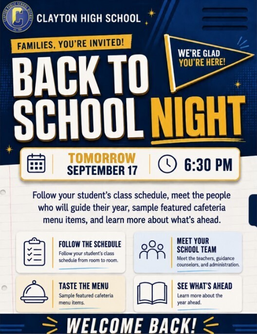 Clayton High School Back to School Night Tomorrow!