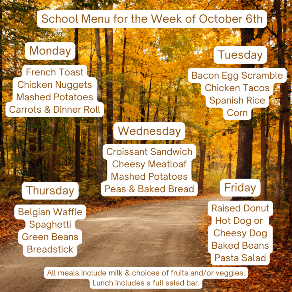 School Menu for the Week of October 6th