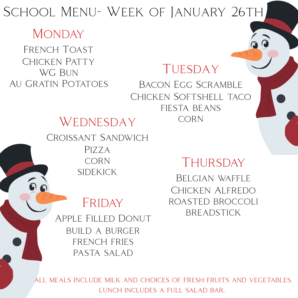 School Menu- Week of January 26th