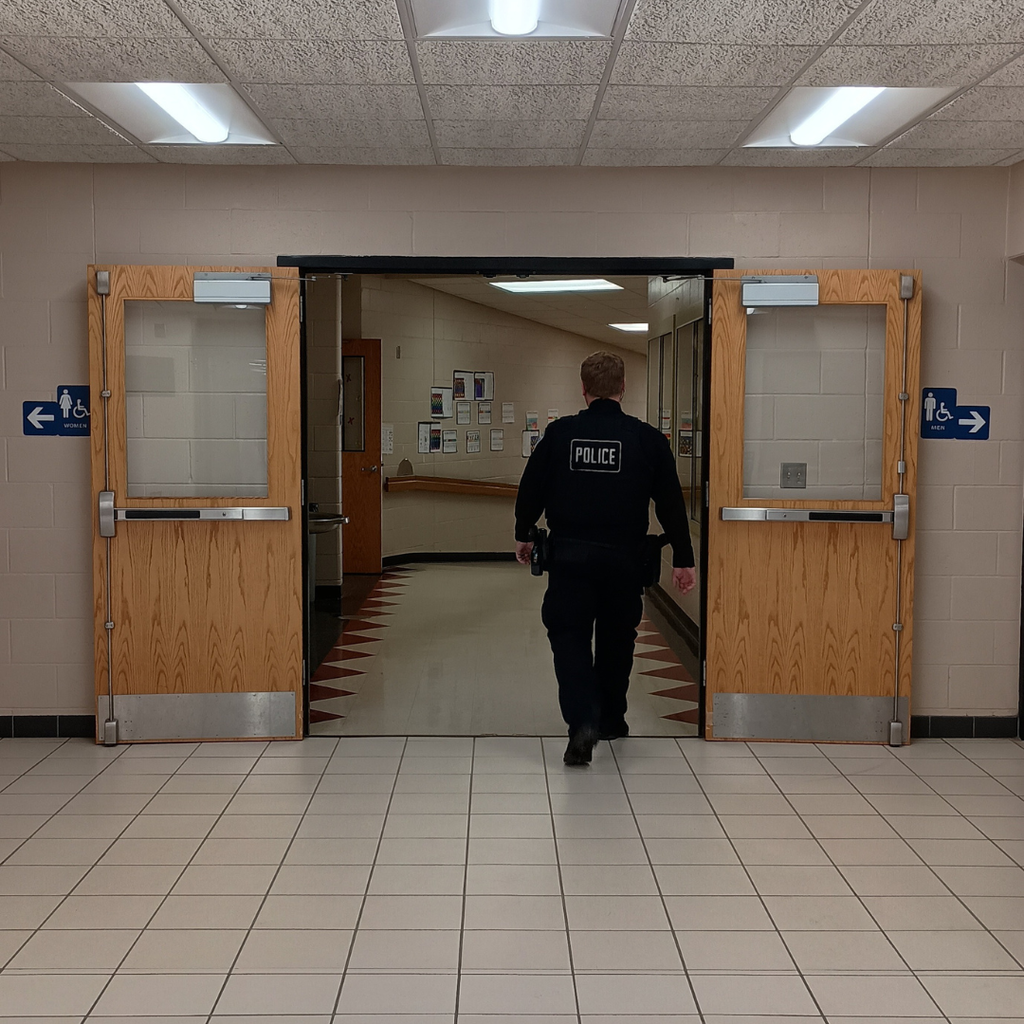 Officer Krueger walking the halls