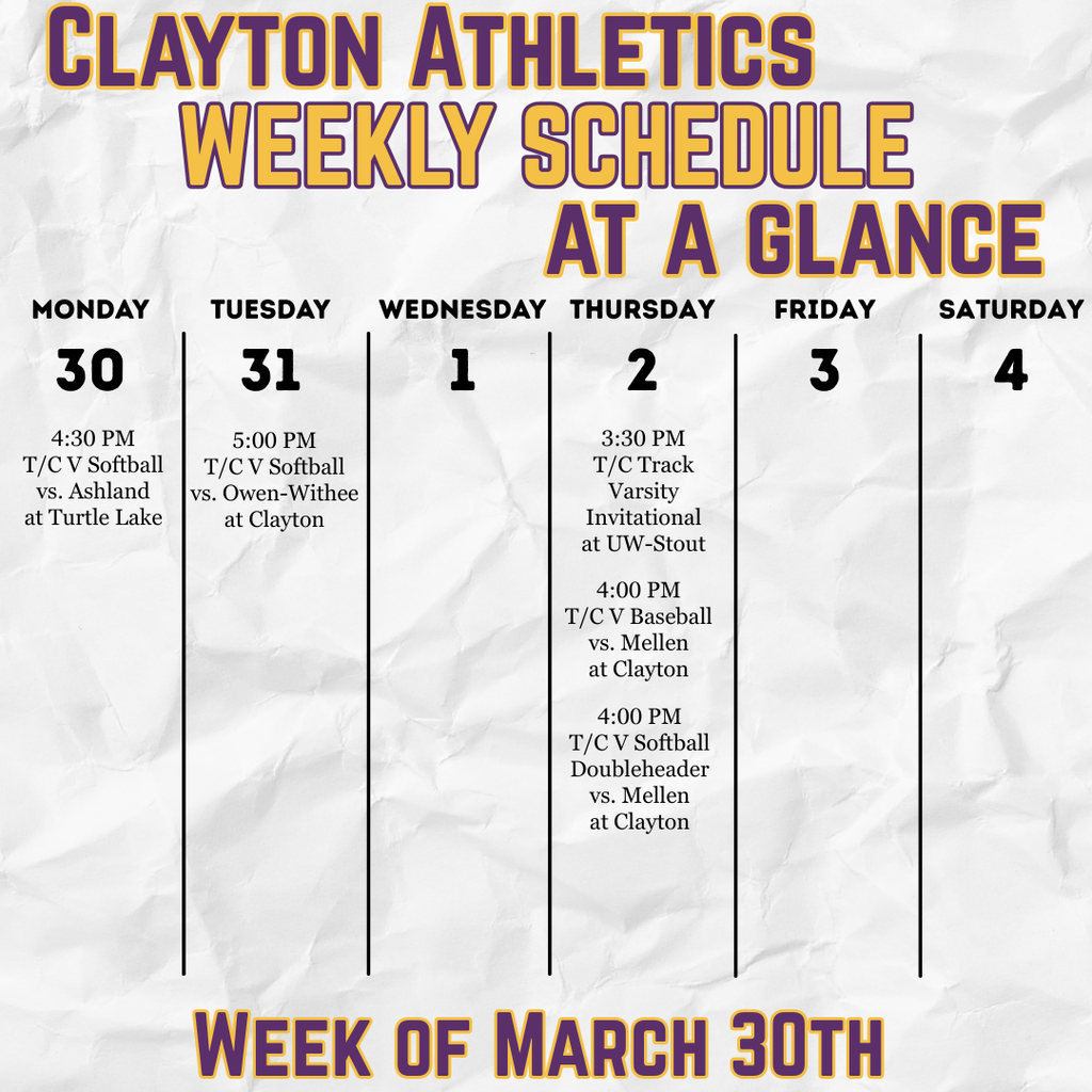 Week of March 30th - Athletics Schedule