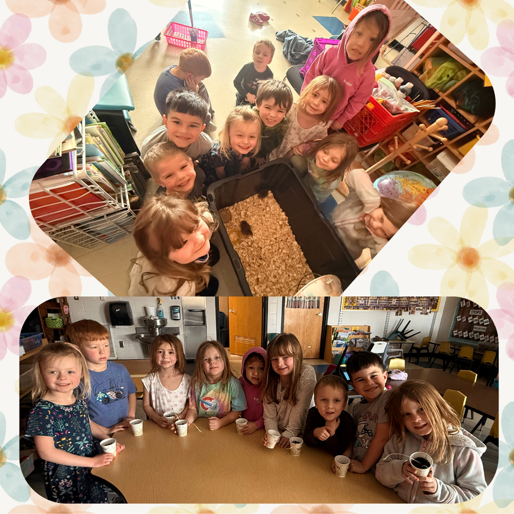 Junior Kindergarten students with bean plants and guinea fowl