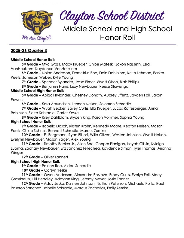 Clayton MS & HS 3rd Quarter Honor Roll
