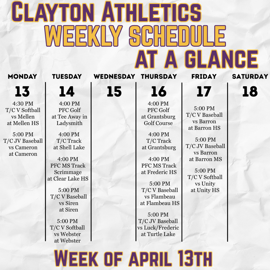 Week of April 13th - Athletics Schedule