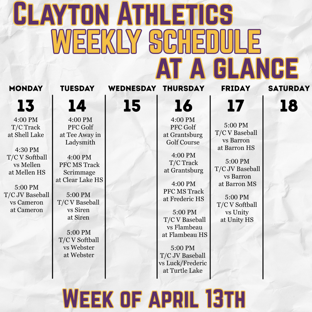 Updated 041326 Weekly Athletics Schedule