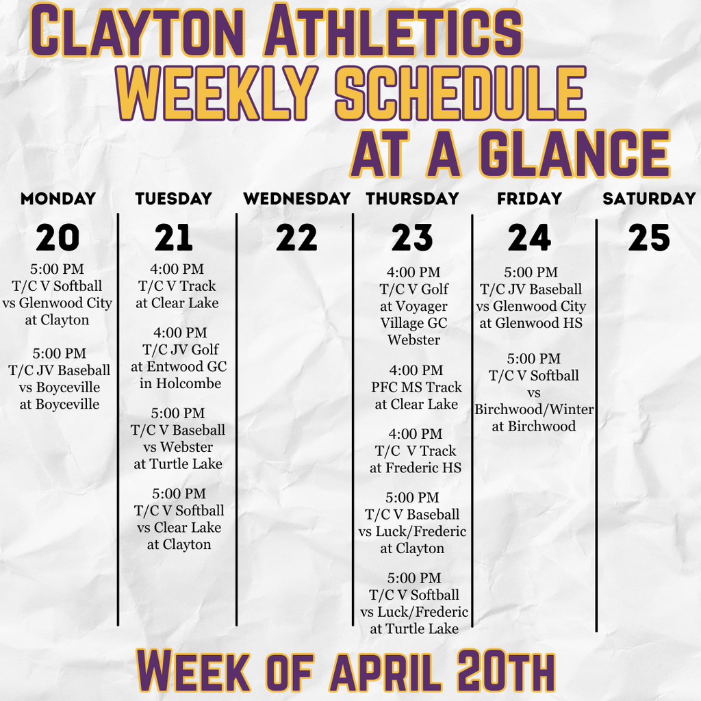 Week of April 20th Athletic Schedule