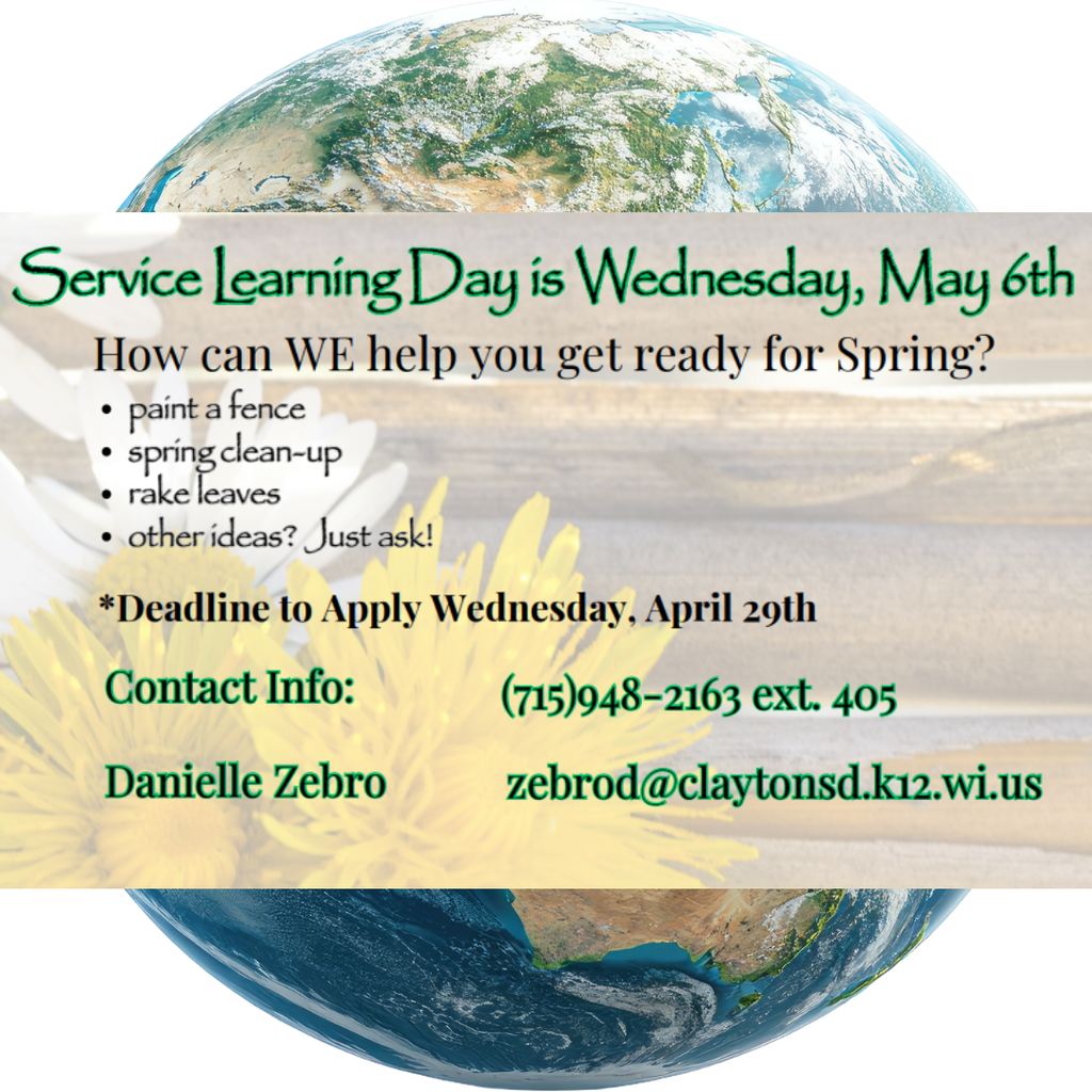 Service Learning Day is May 6th  Contact the school to sign up