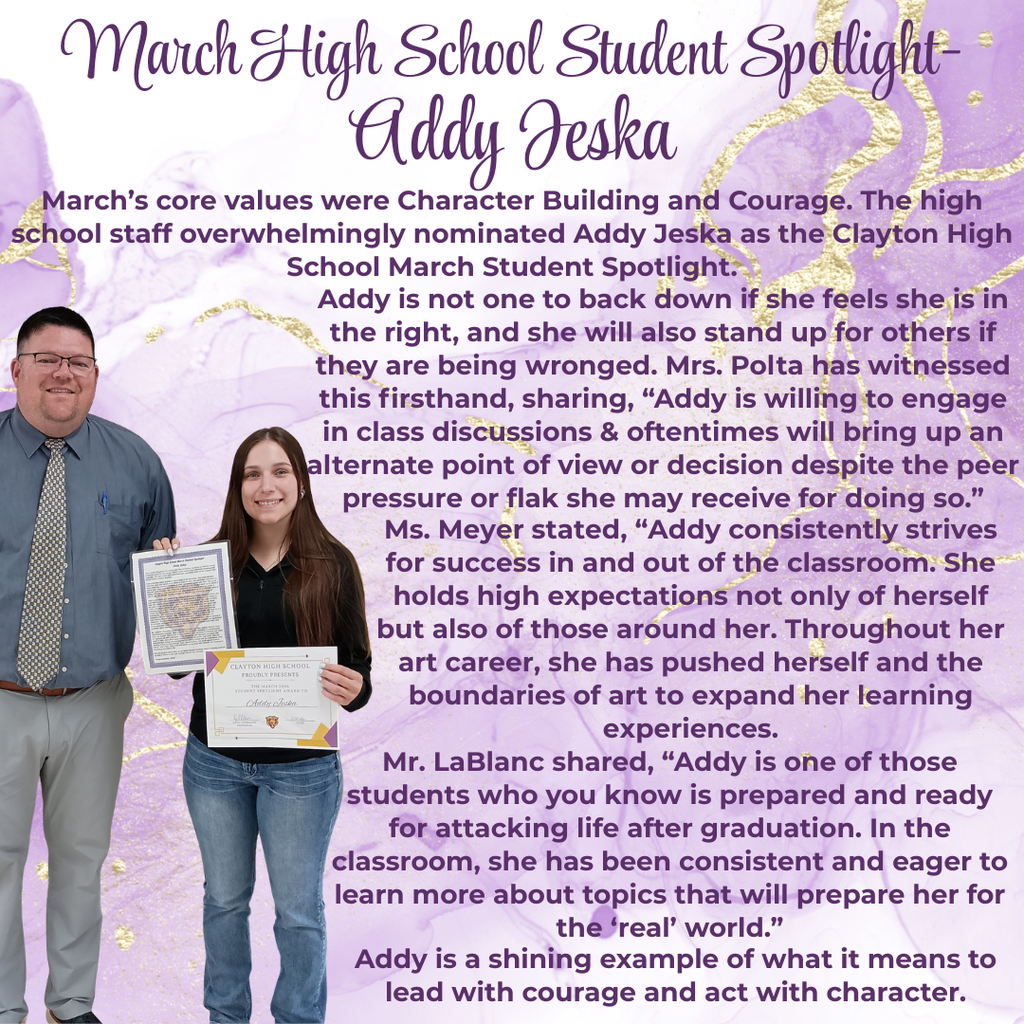 March HS Student Spotlight winner Addy Jeska