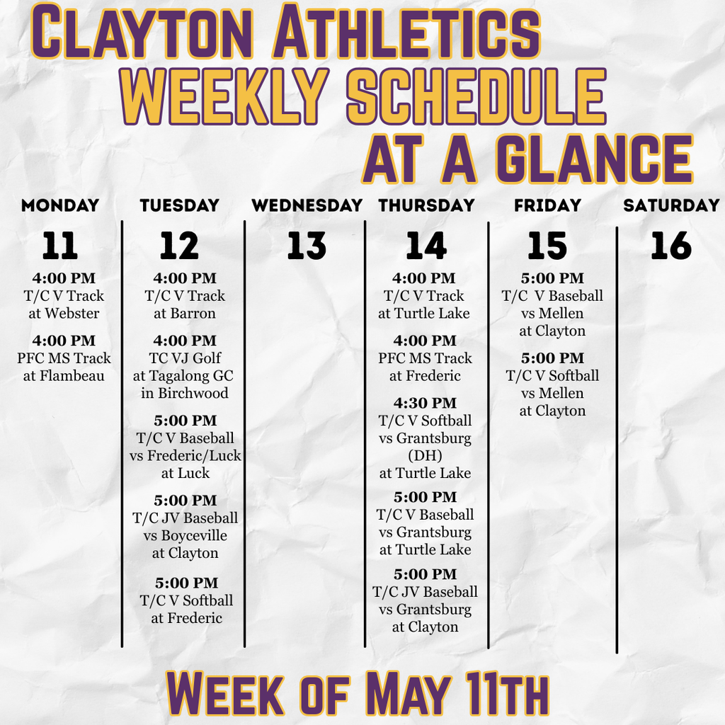 Athletic schedule for the week of May 11th