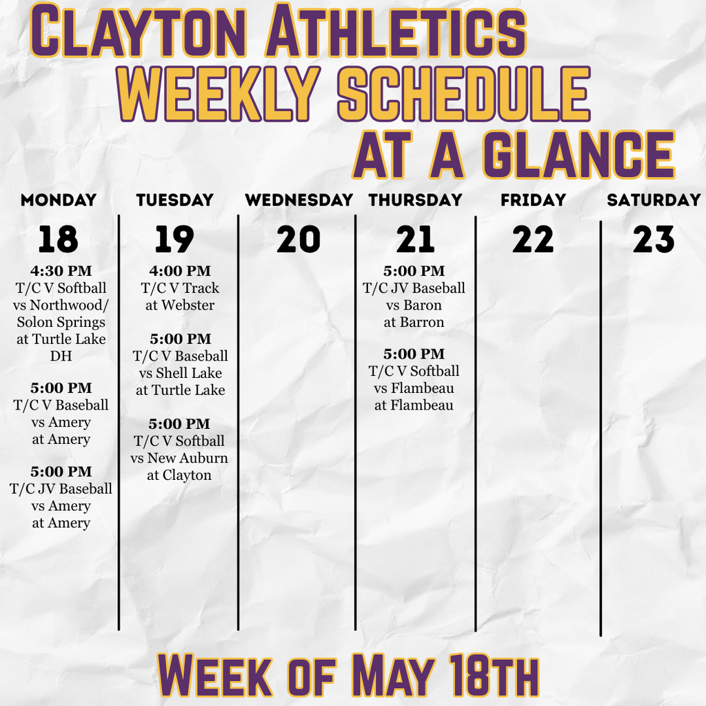 Athletic schedule for the week of May 18th
