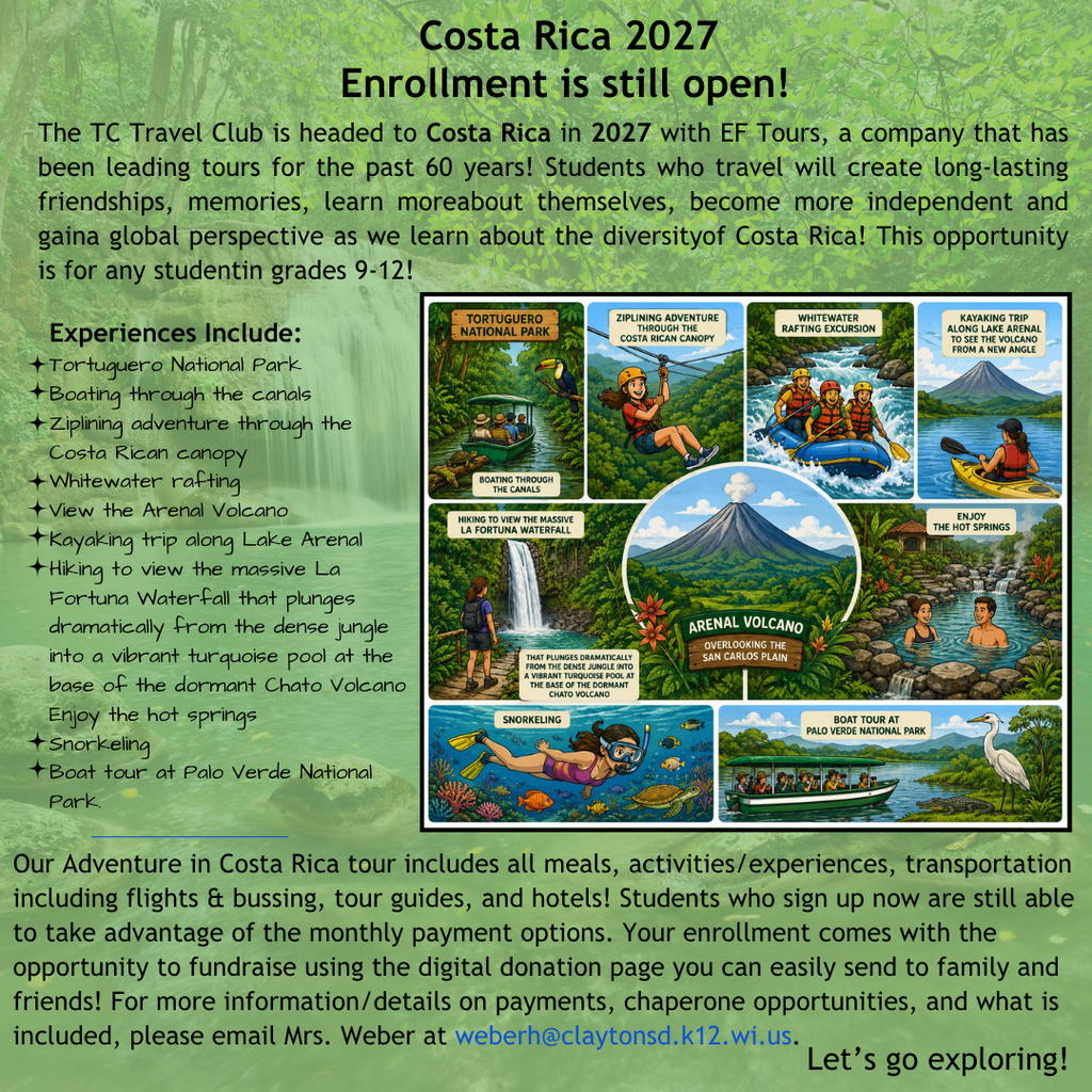 TC Travel Club 2027 Trip. Contact Mrs. Weber at Clayton School