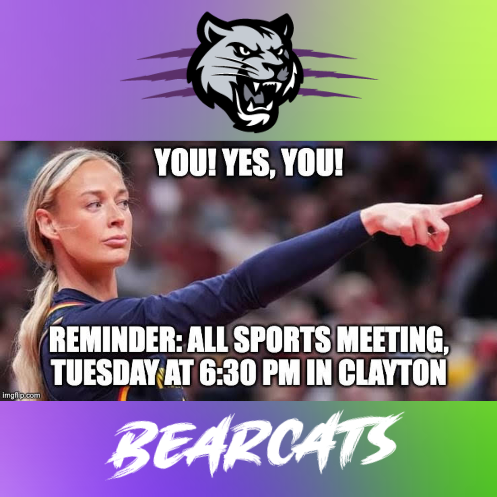 Basketball player pointing reminding of All Sports meeting on Tuesday at 6:30 in clayton