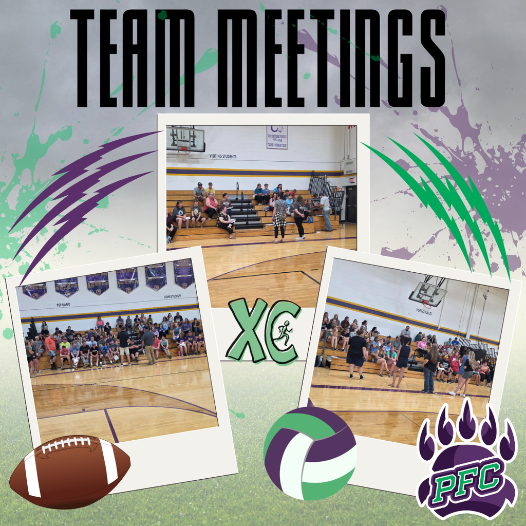 Team meeting graphic with photos of football, volleyball and cross country teams meeting with their coaches.