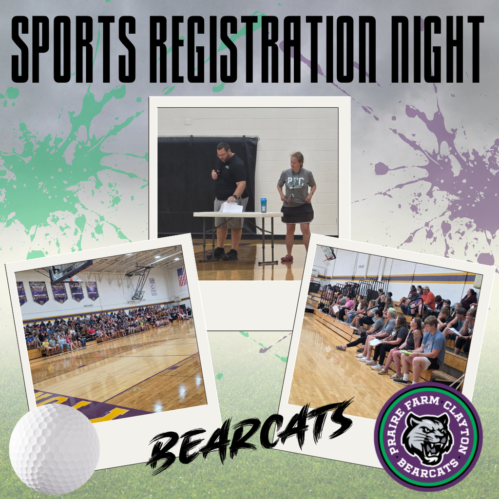 Prairie Farm/ Clayton Sports Registration Night Graphic with Photos of parents and students attending the meeting.