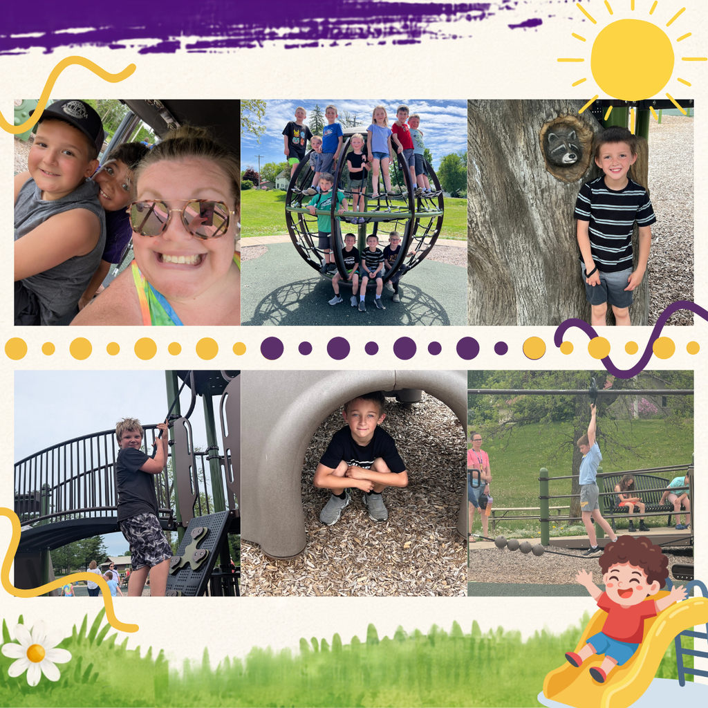 End of the School year graphic with pictures of students playing on the play ground.