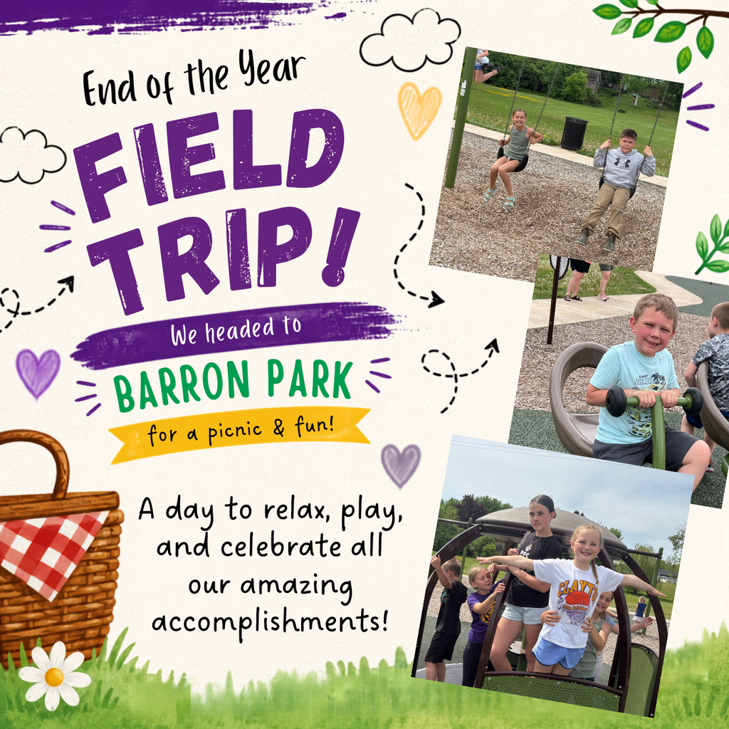 End of the School year graphic with pictures of students playing on the play ground.
