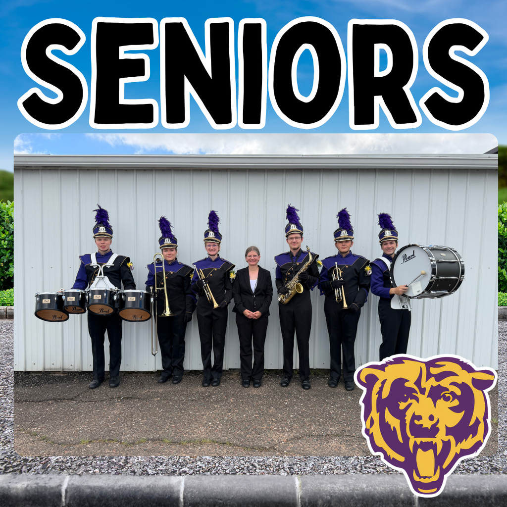 Image of the six seniors and the band director standing with their instruments. 