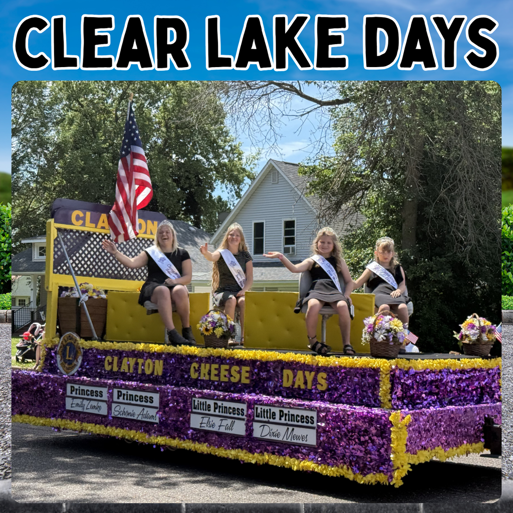 Image of the Clayton Float with the Royalty riding in the Clear Lake Days Parade. The Royalty is waving to the crowds. 