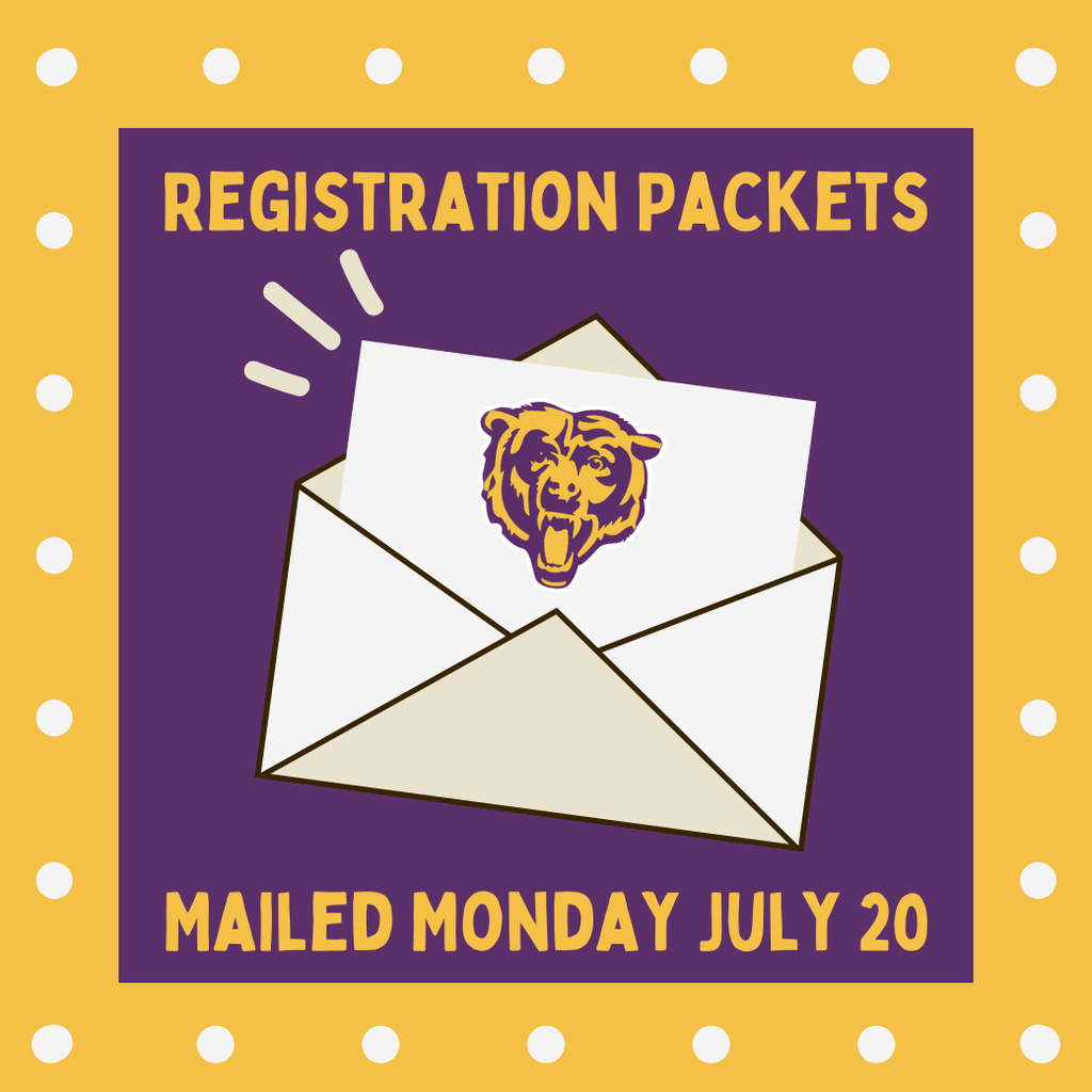 Graphic of a letter with a Clayton Envelope with the words Registration Packets Mailed Monday July 20