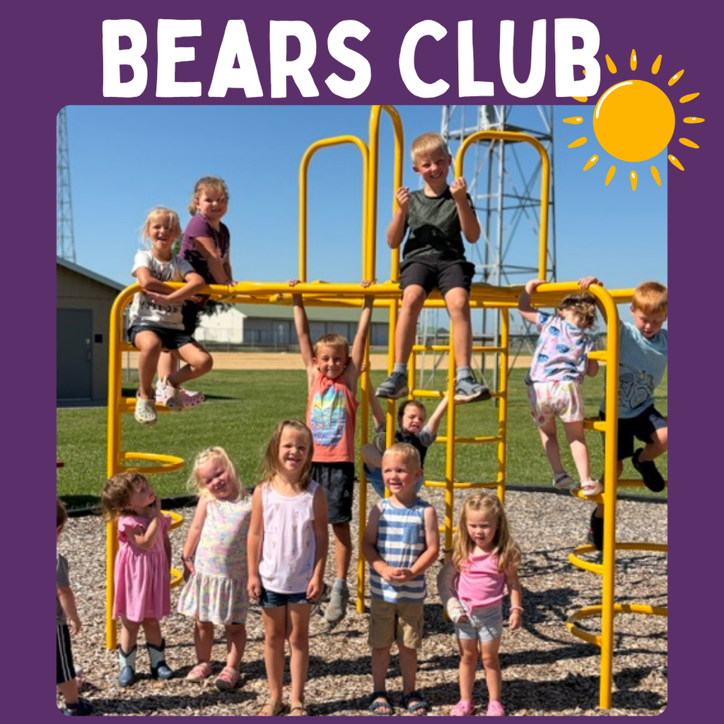 A image of children playing on a playground with the words bears club at the top.