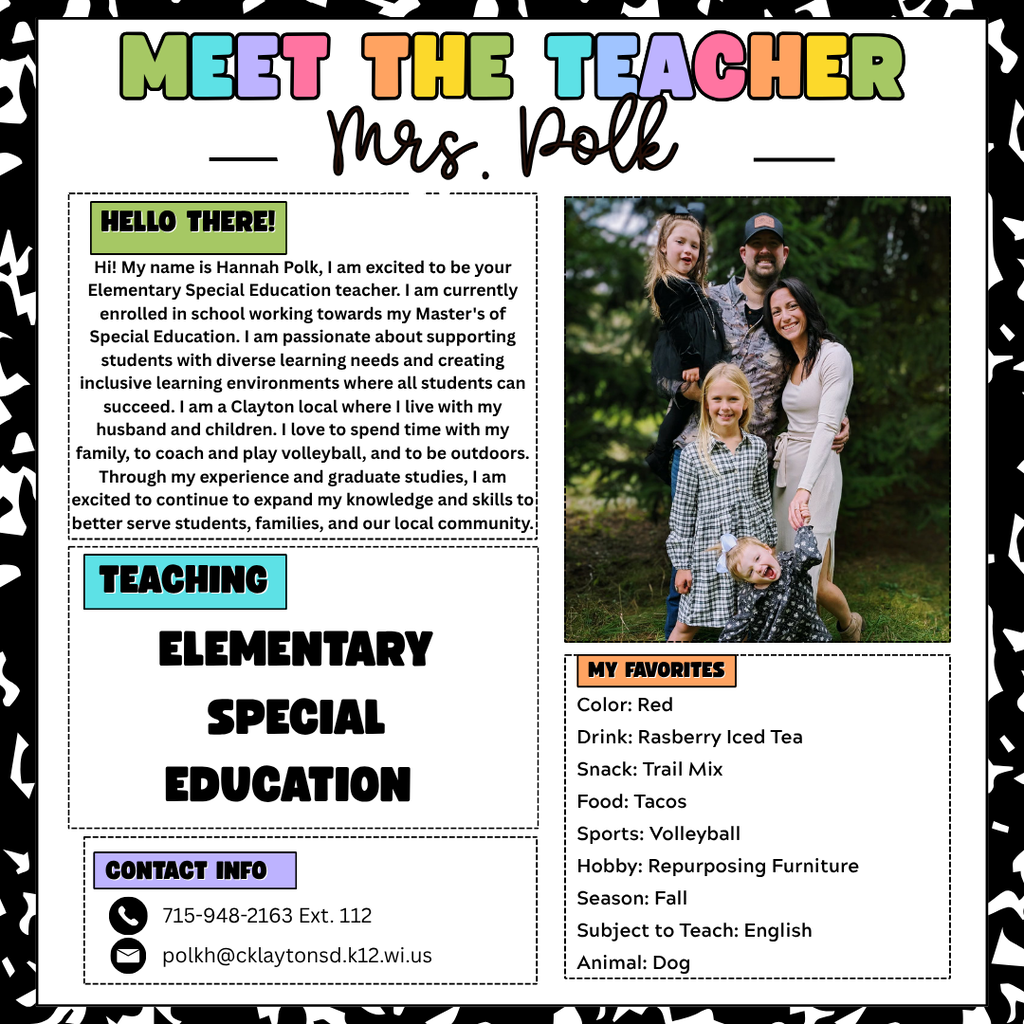 A Meet the teacher graphic with a picture of the Teacher and her information. 