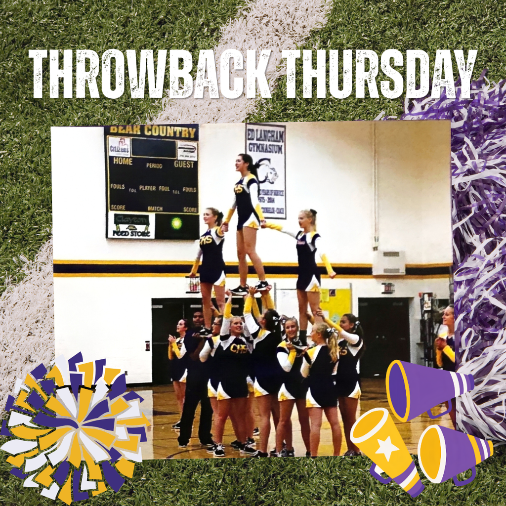 Throwback Thursday Graphic with cheerleader in a pyramid cheering.