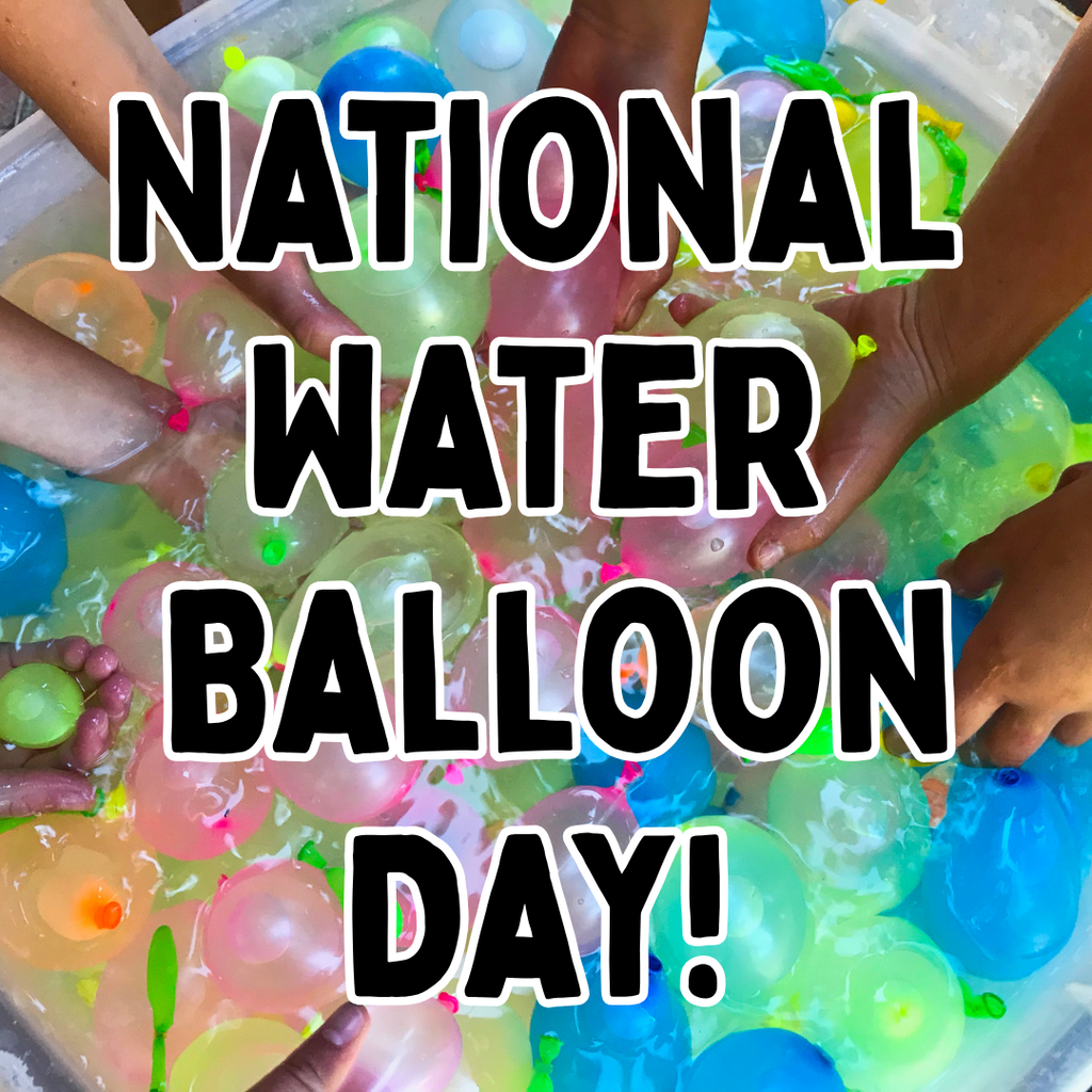 image of hands in a bucket of water balloons with the words National Water Balloon day! 