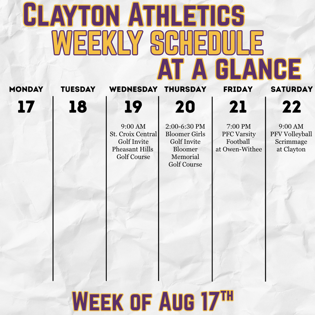 Clayton School Weekly Schedule At a Glance Shows a Calendar with all the dates for the week of Aug 17th to the 22nd.