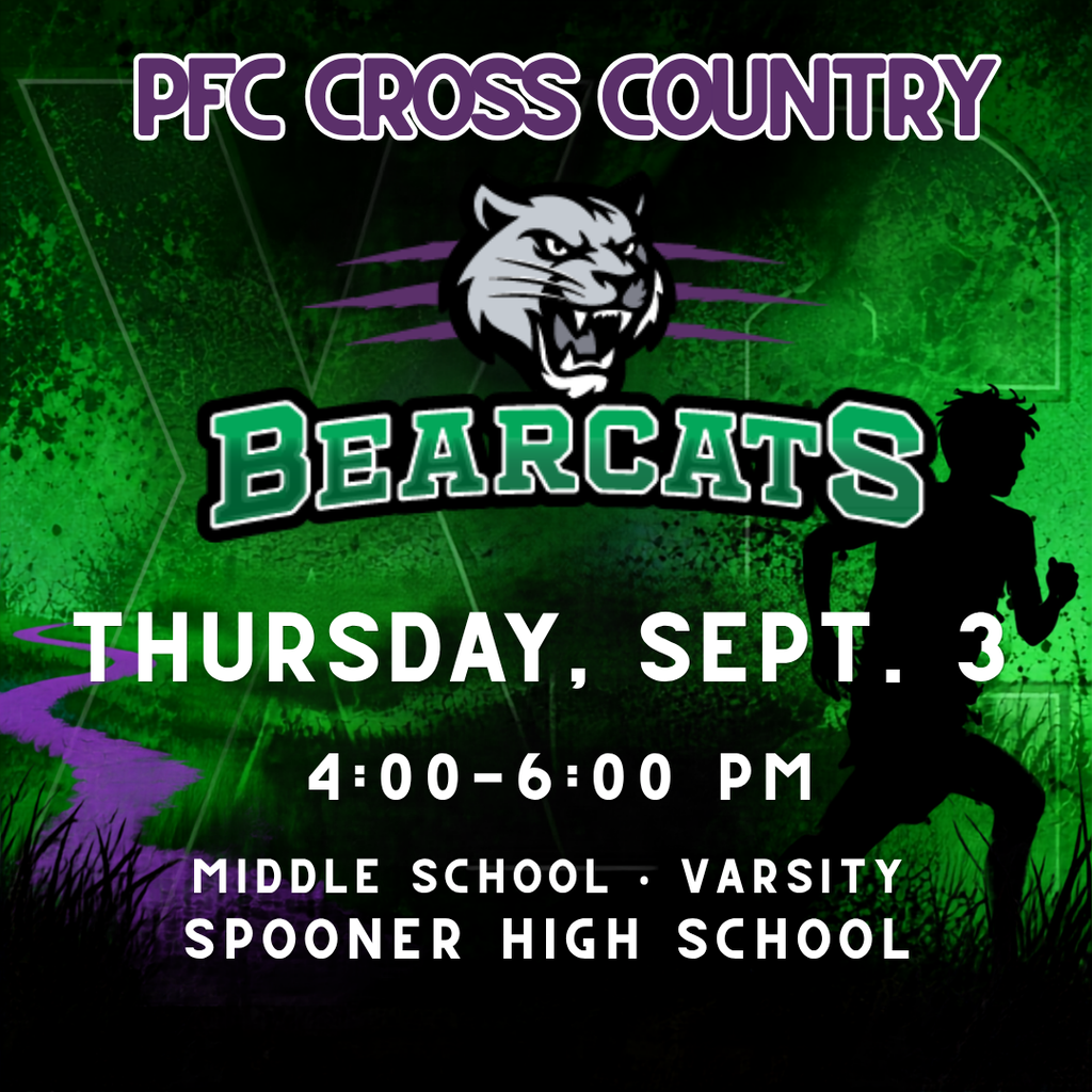 Prairie Farm-Clayton Bearcats Cross Country graphic for the Spooner Invitational on Thursday , Sept. 3, from 4:00–6:00 PM at Spooner High School Middle School, and Varsity will compete. Graphic features the Bearcats logo and a runner silhouette on a green background.