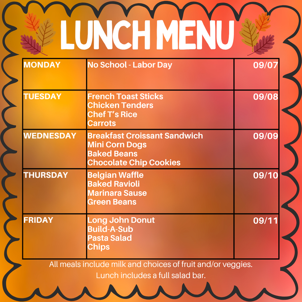 Lunch Menu for the week of September 7 to September 11