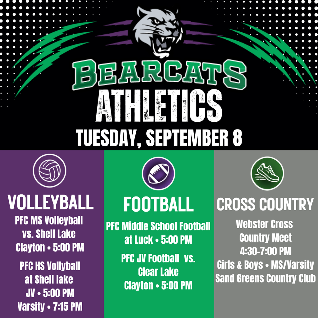 Bearcats Athletics Tuesday September 8 Volleyball, Football, and Cross Country Games.
