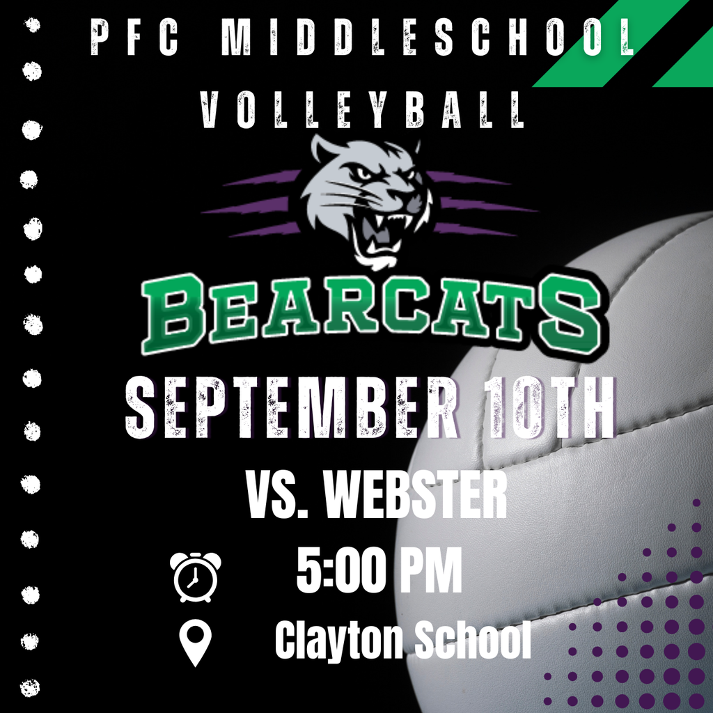 PFC Middle School Volleyball September 10th 5:00 PM at Clayton High School