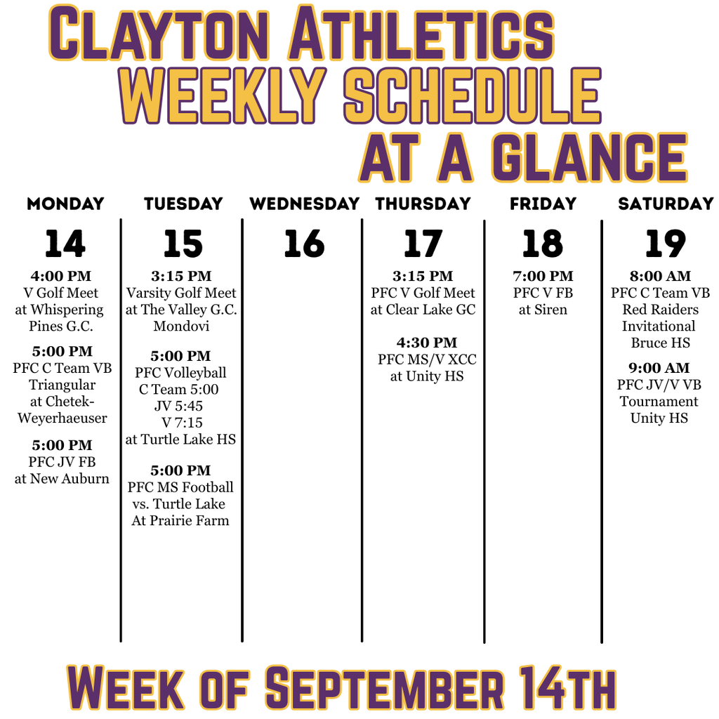 Week at a glance schedule for the week of September 14th