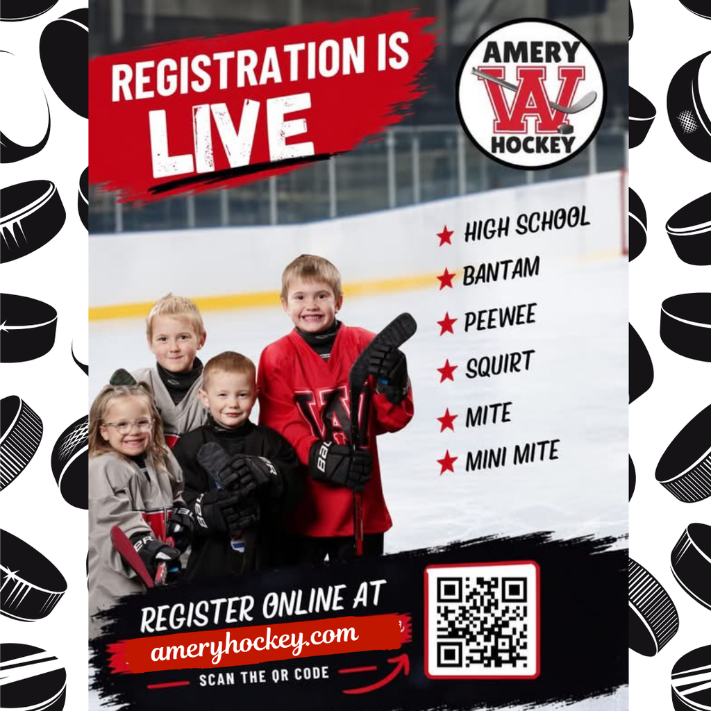 Amery Hockey Registration is Live graphic with QR code