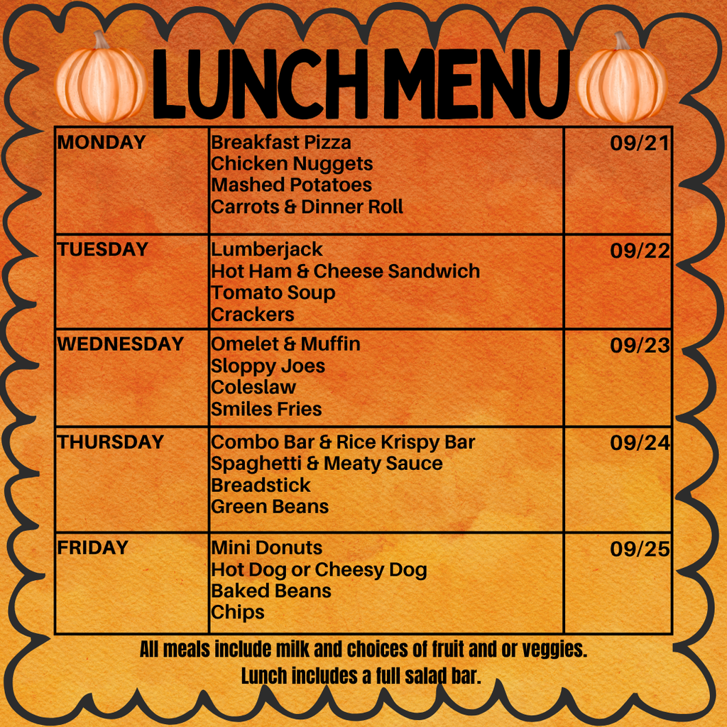 Lunch Menu for the week of September 21