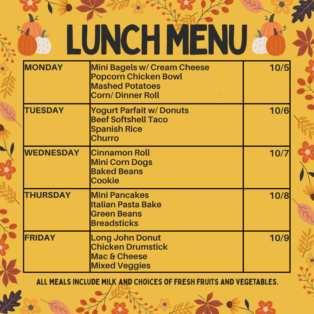 Lunch Menu for Oct 5 through Oct 9