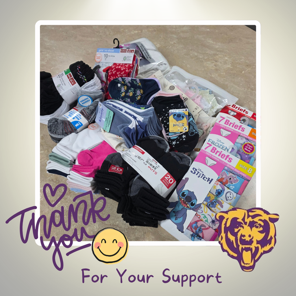 Thank you graphic showing a donation of socks and underware
