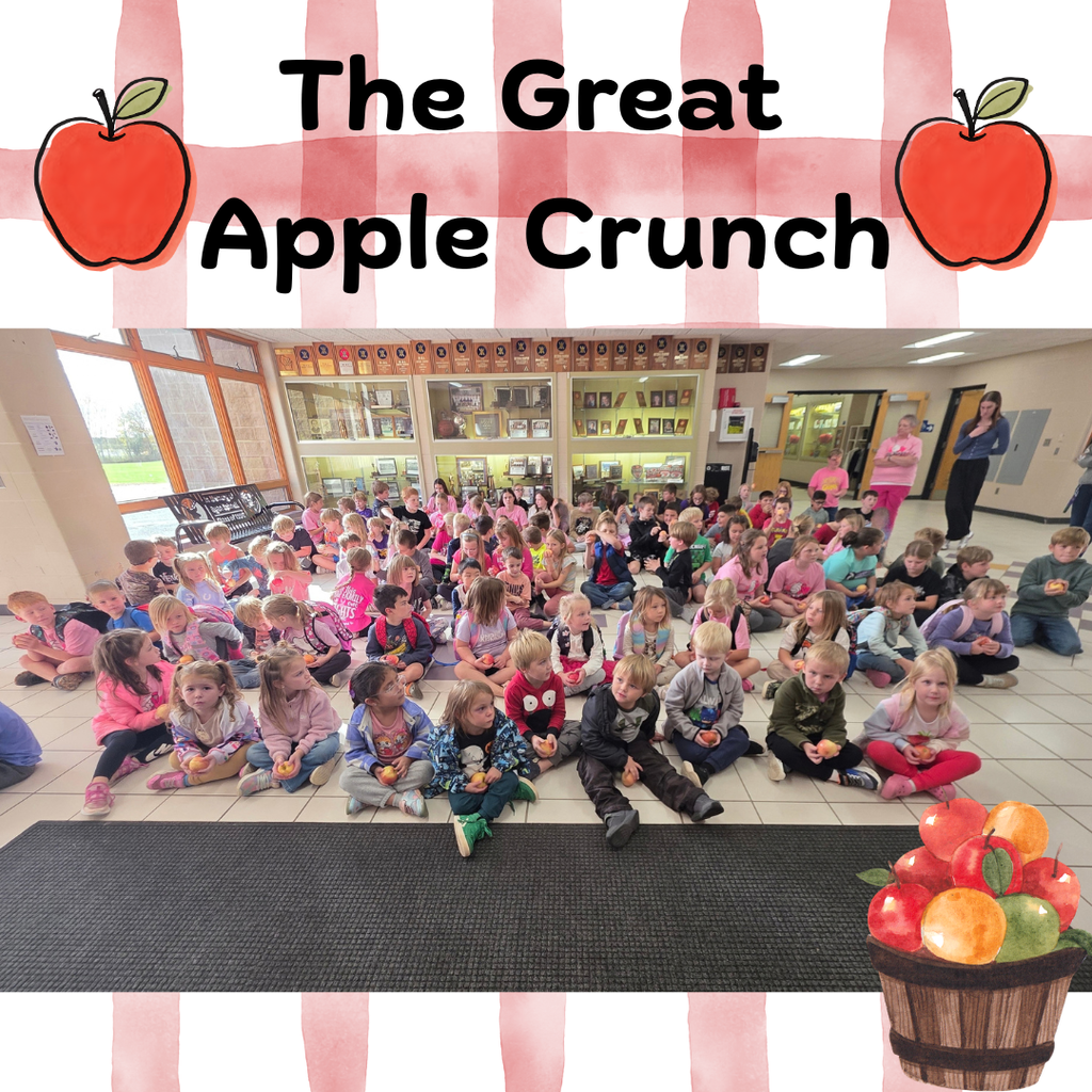 The great apple Crunch with student in a lobby eating apples.