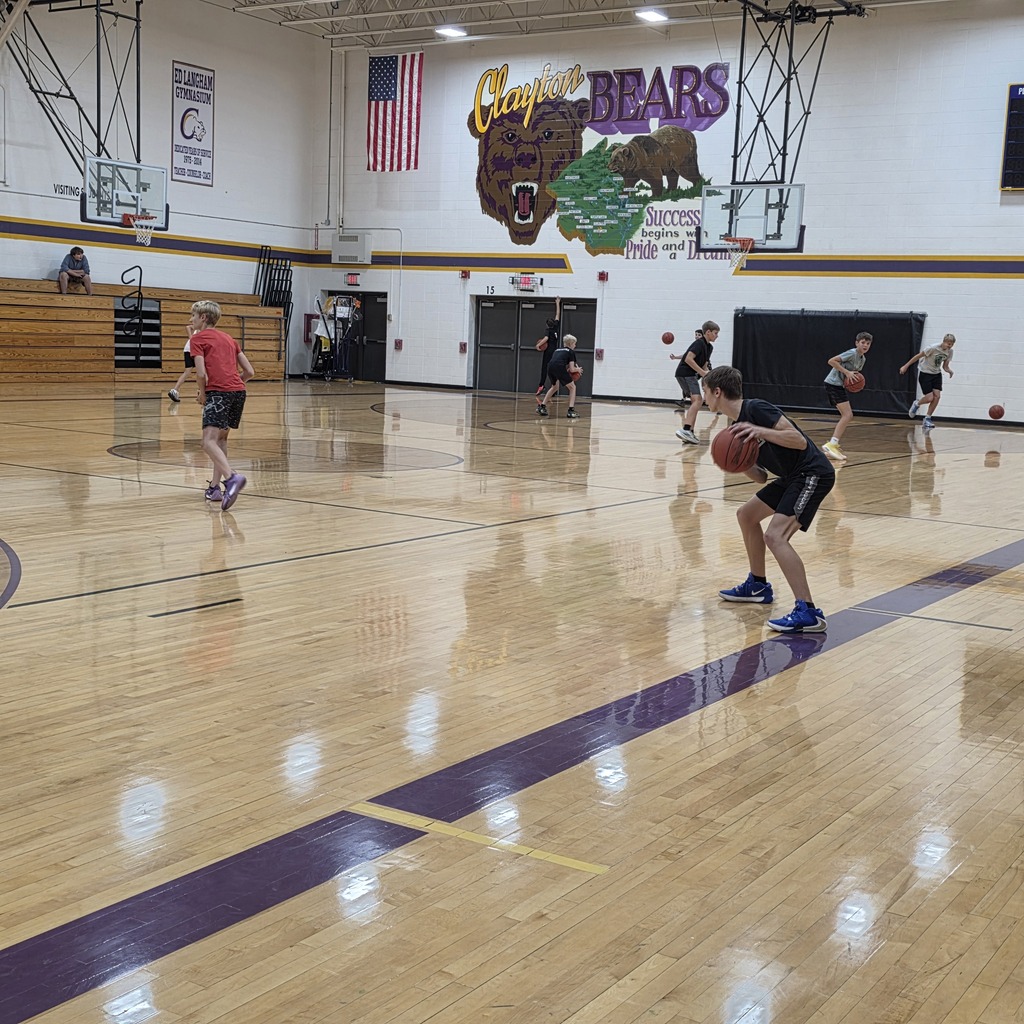 Pictures of a gym with students practicing Basketball