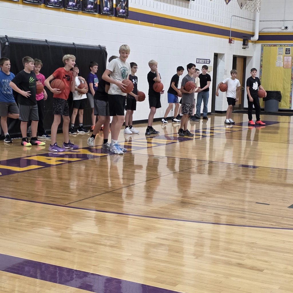 Pictures of a gym with students practicing Basketball