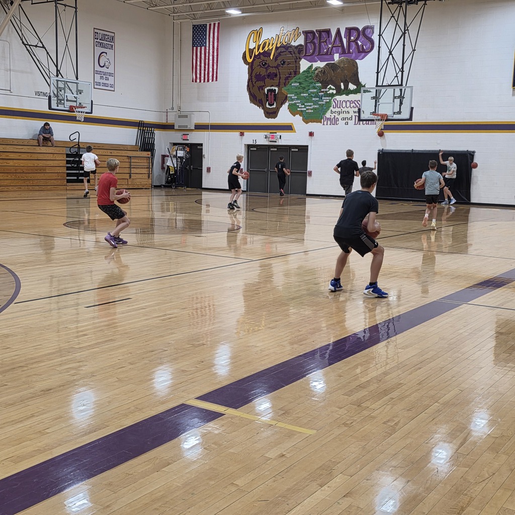 Pictures of a gym with students practicing Basketball