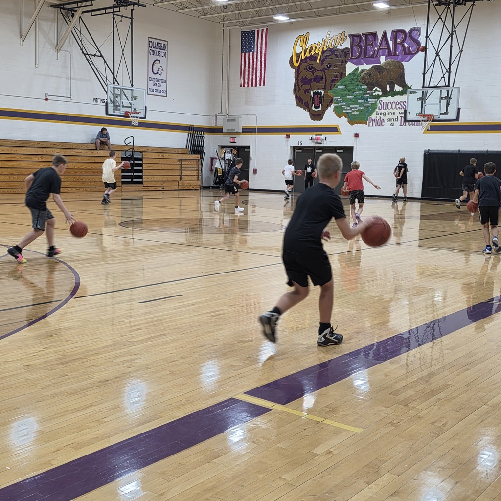 Pictures of a gym with students practicing Basketball