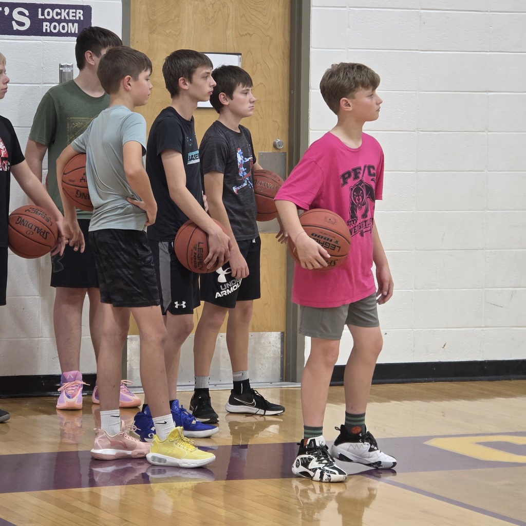 Pictures of a gym with students practicing Basketball