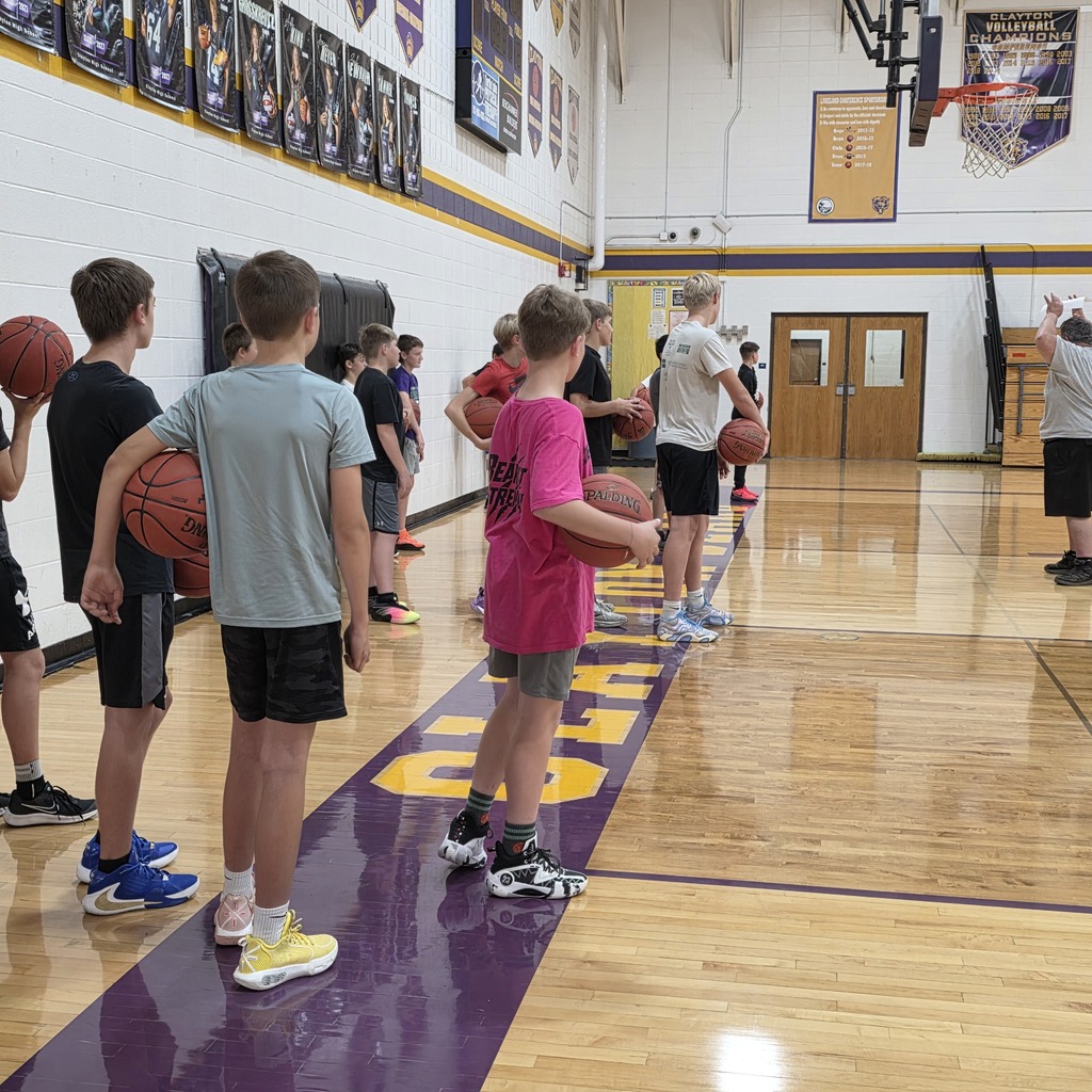 Pictures of a gym with students practicing Basketball